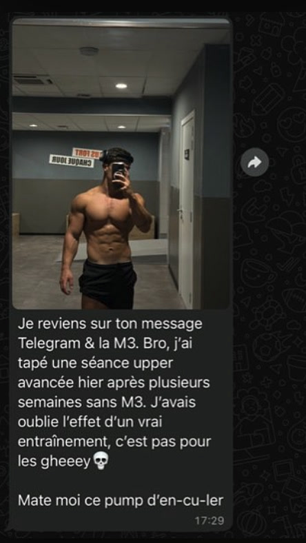 Message d'un client avec photo à l'appui : il a repris les séances avancées et retrouvé l'effet d'un vrai entraînement.